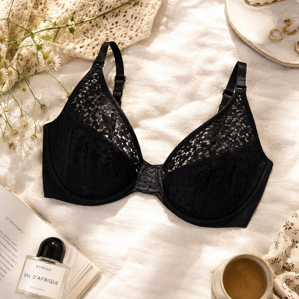 Chantelle Norah EasyFeel Black Floral Lace Unlined Underwire Bra 13F1 36C NEW